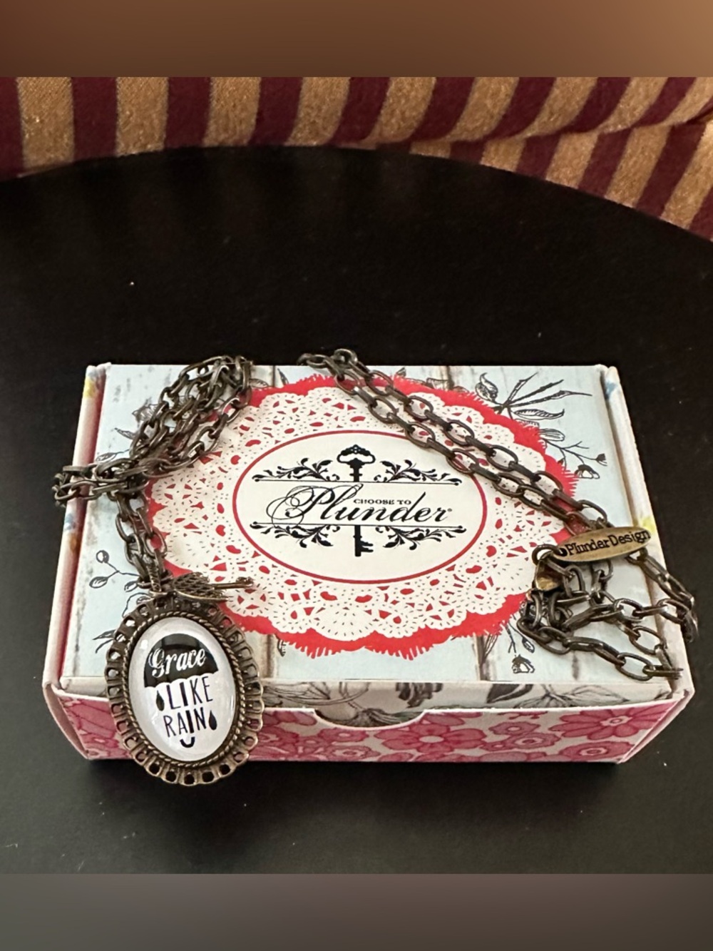 New Plunder Gretchen Pendant Necklace “Grace, Like Rain” w/Umbrella Charm w/Box